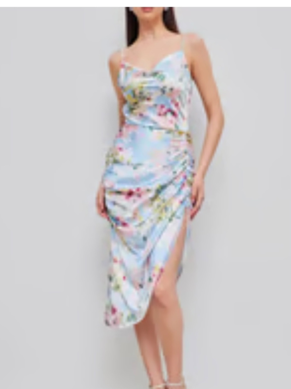 Cider Illusion Floral Ruched Cowl Neck Midi Dress Size Small - Picture 2 of 10